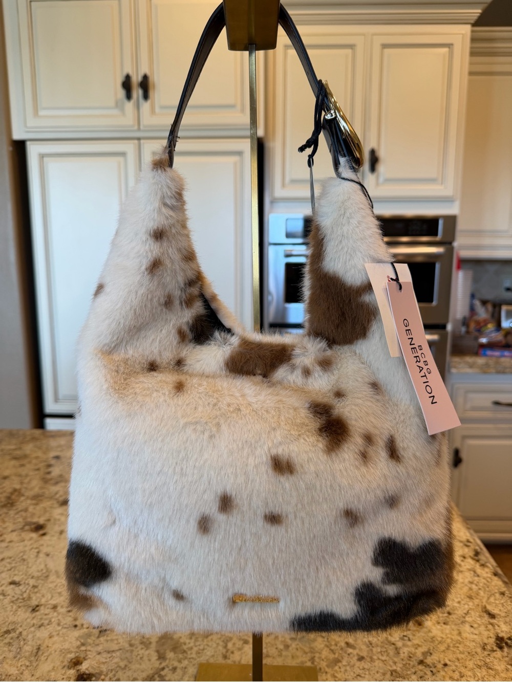 BCBG Generation Soft Faux Fur Hobo Bag in Cream and Brown